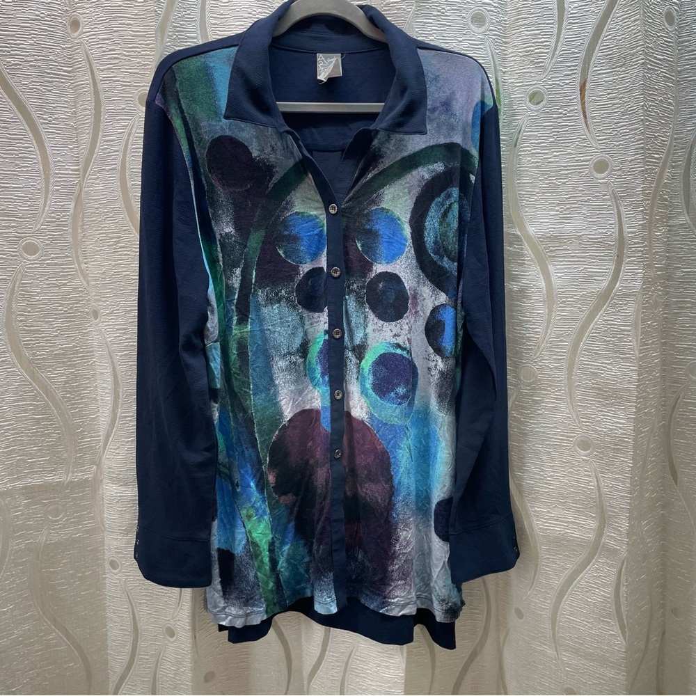 Dolcezza Art Simply Button Down Women‎ XXL Navy Abstract Mixed Media Excellent